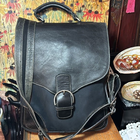 Kenneth Cole New York Black Leather Fabric Hand Bag Backpack Convert to Shoulder - Picture 8 of 14